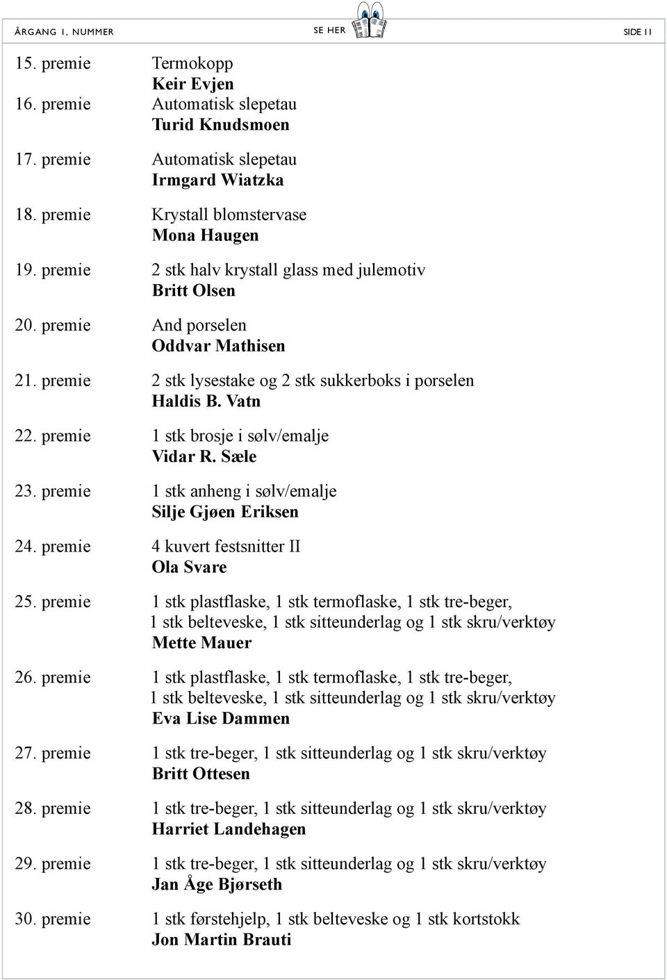 premie 2 stk lysestake og 2 stk sukkerboks i porselen Haldis B. Vatn 22. premie 1 stk brosje i sølv/emalje Vidar R. Sæle 23. premie 1 stk anheng i sølv/emalje Silje Gjøen Eriksen 24.