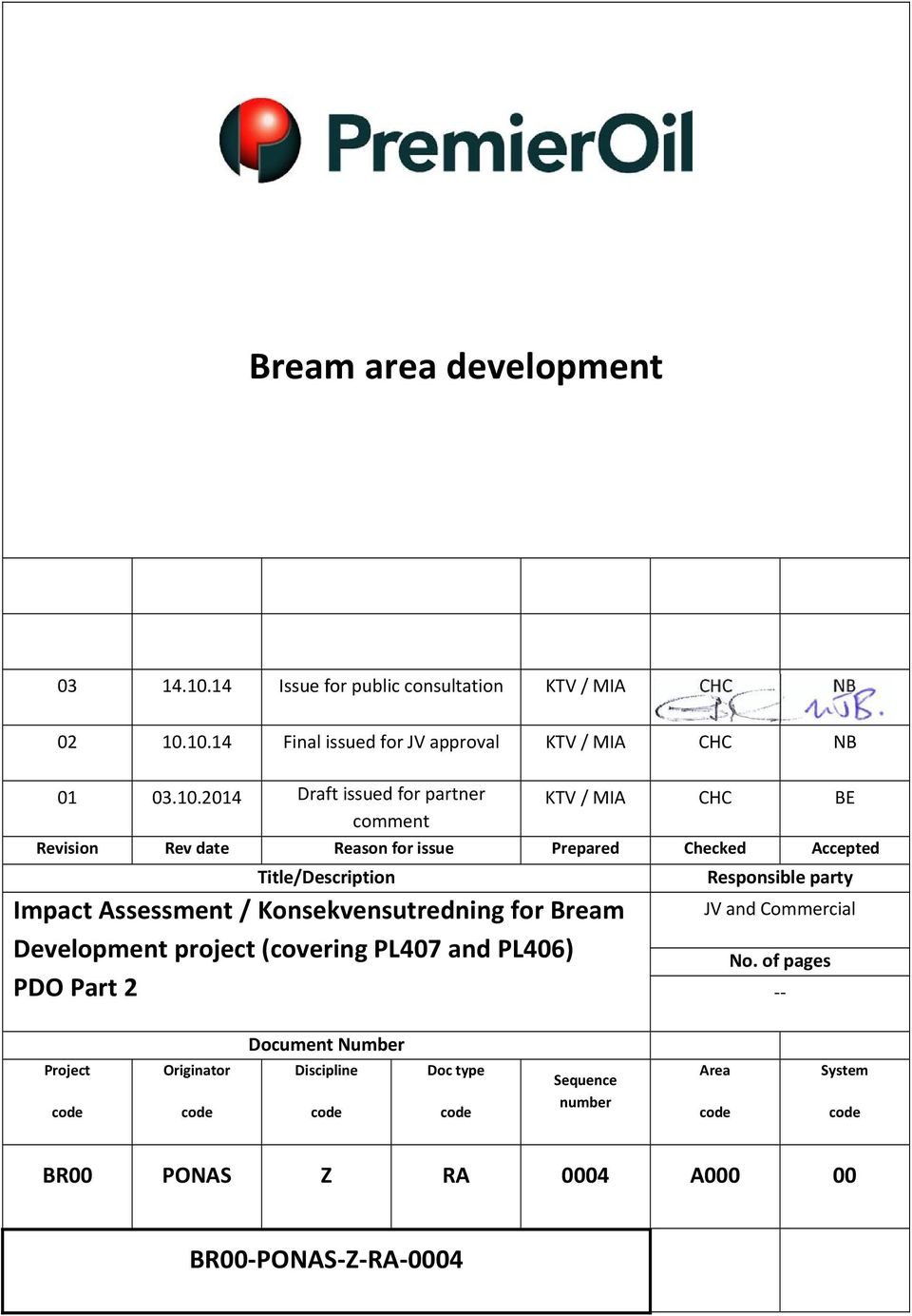 10.14 Final issued for JV approval KTV / MIA CHC NB 01 03.10.2014 Draft issued for partner comment KTV / MIA CHC BE Revision Rev date Reason for issue