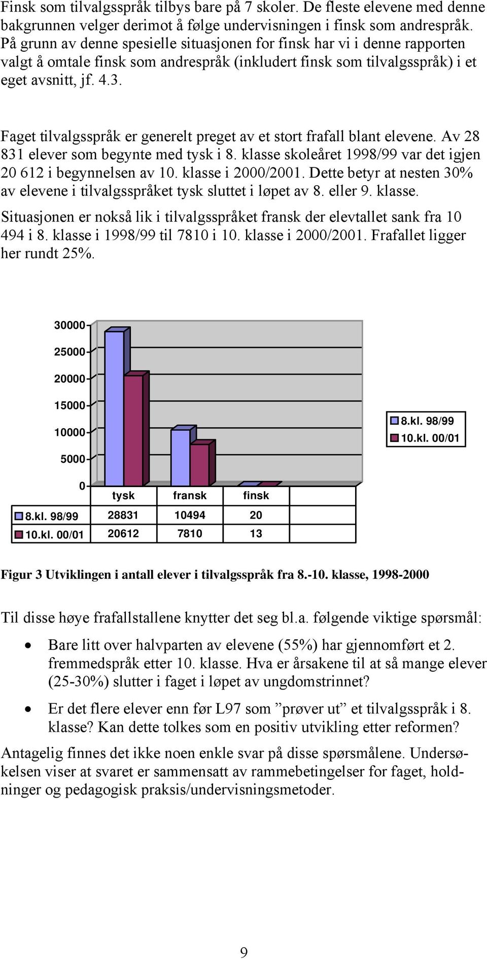 Faget tilvalgsspråk er generelt preget av et stort frafall blant elevene. Av 28 831 elever som begynte med tysk i 8. klasse skoleåret 1998/99 var det igjen 20 612 i begynnelsen av 10.