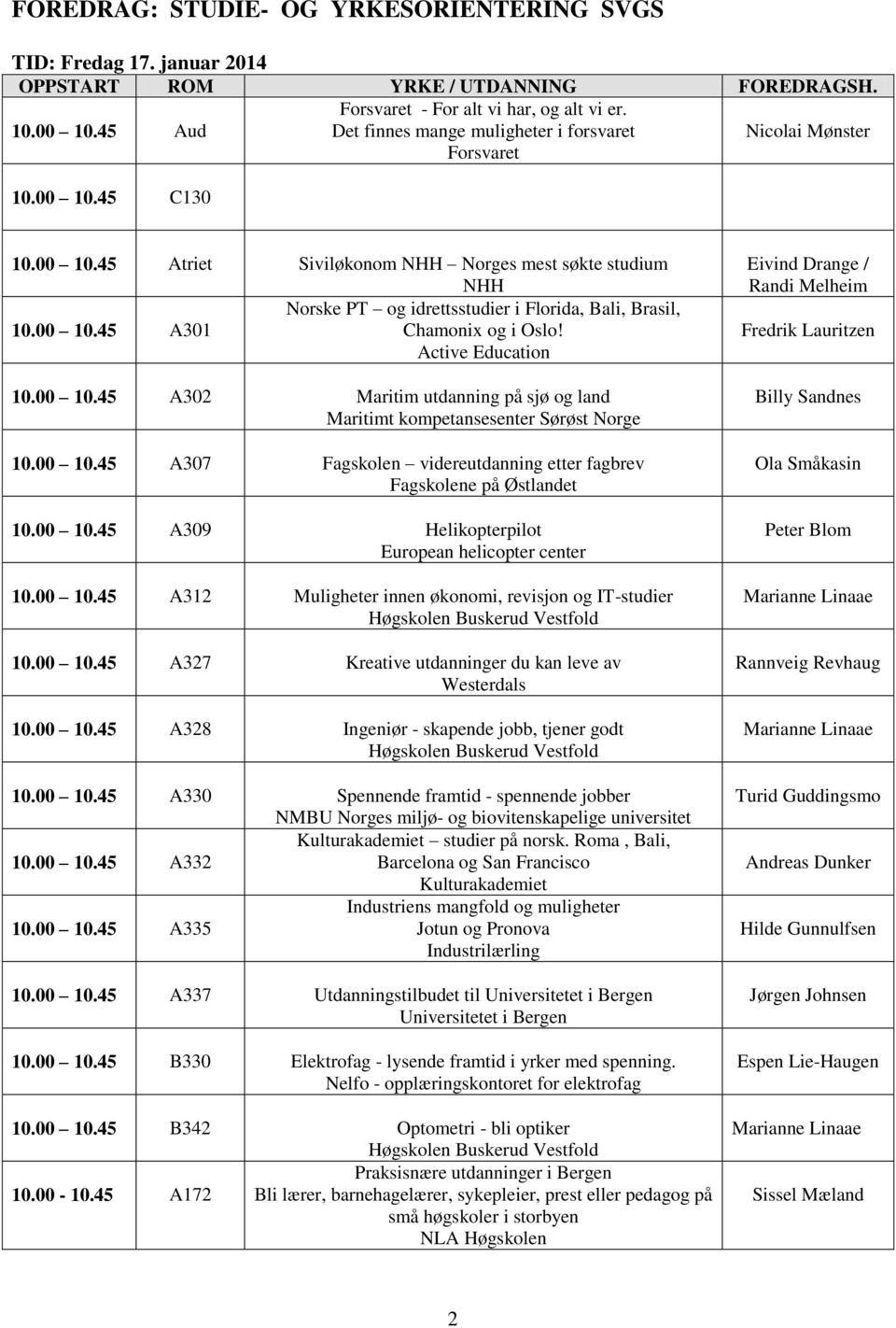 00 10.45 A309 Helikopterpilot European helicopter center 10.00 10.45 A312 Muligheter innen økonomi, revisjon og IT-studier 10.00 10.45 A327 Kreative utdanninger du kan leve av Westerdals 10.00 10.45 A328 Ingeniør - skapende jobb, tjener godt 10.