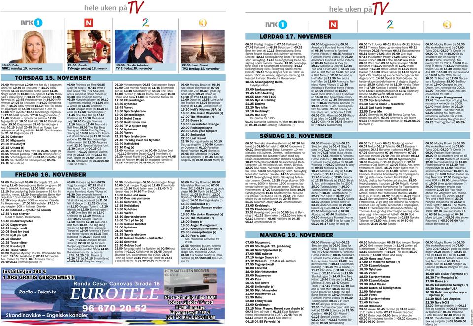 00 NRK nyheter 13.05 Førkveld 13.45 Verdensarven 14.00 NRK nyheter 14.05 Ut i naturen 14.30 Bondeknølen 15.00 NRK nyheter 15.10 Folk: En smak av skjærgård 15.50 Filmavisen 1962 16.00 NRK nyheter 16.