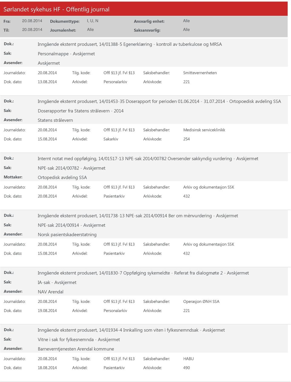 2014 - Ortopoedisk avdeling SSA Doserapporter fra Statens strålevern - 2014 Statens strålevern Medisinsk serviceklinikk Dok. dato: 15.08.