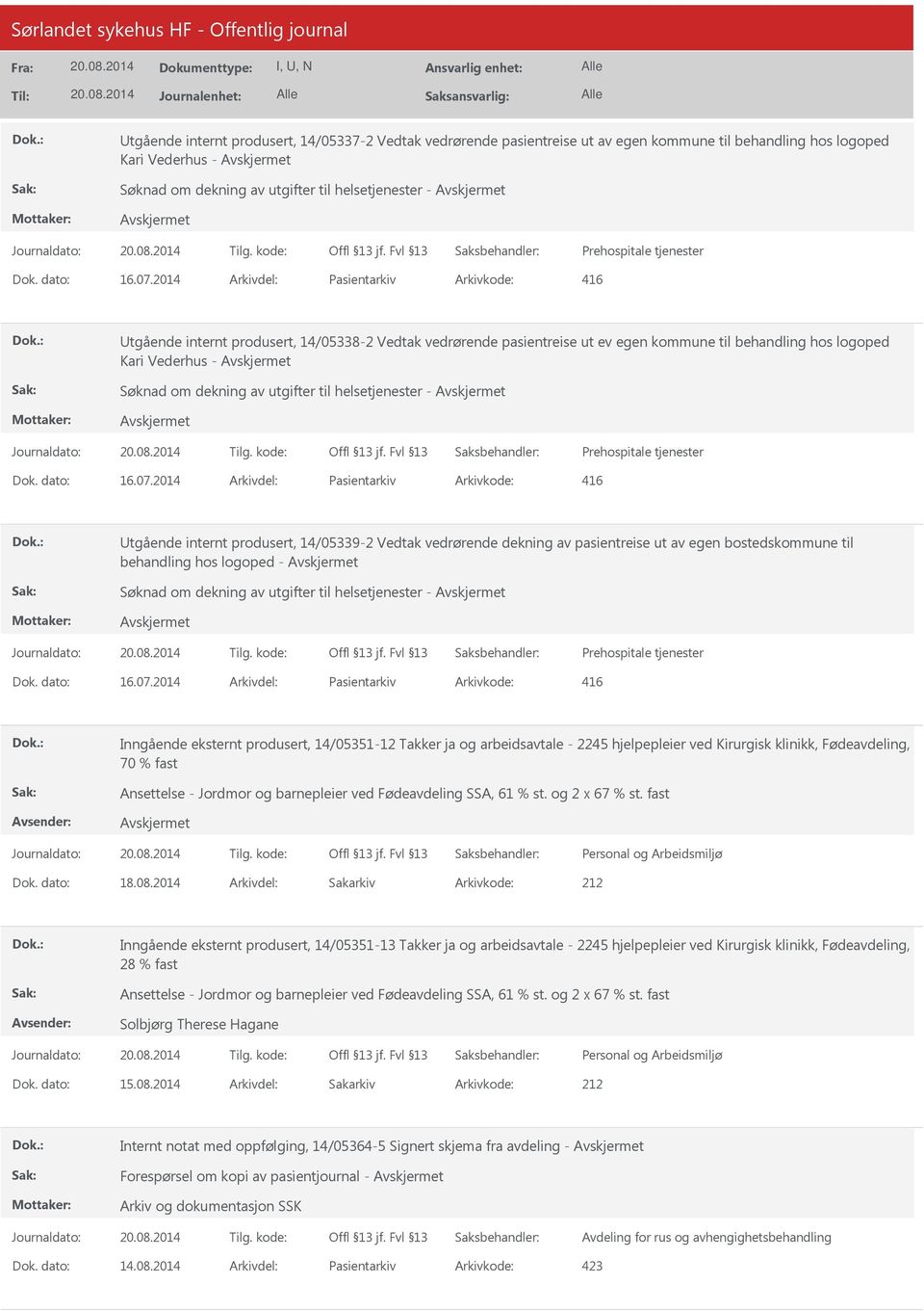 2014 Arkivdel: Pasientarkiv Arkivkode: 416 tgående internt produsert, 14/05338-2 Vedtak vedrørende pasientreise ut ev egen kommune til behandling hos logoped Kari Vederhus - Søknad om dekning av