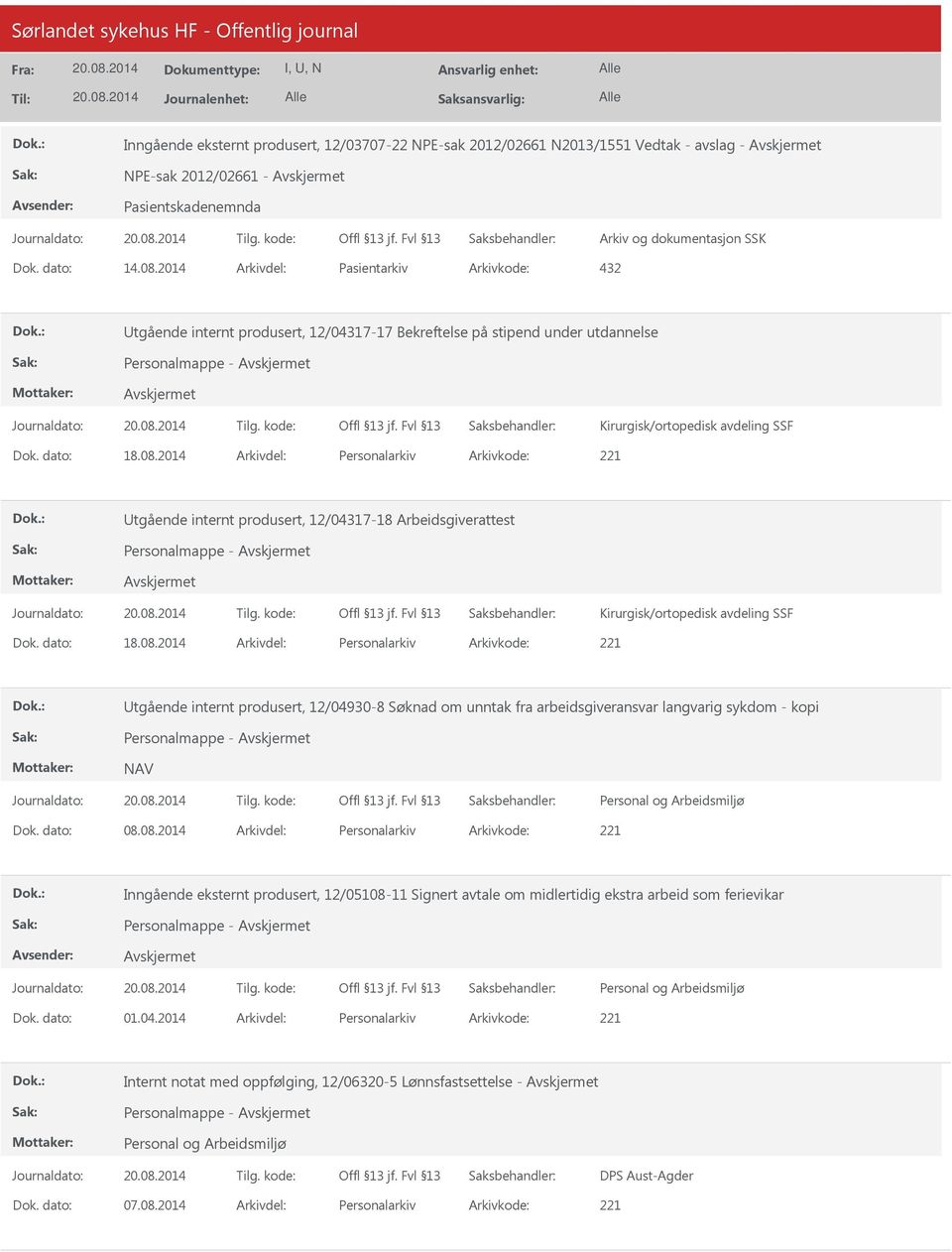 2014 Arkivdel: Personalarkiv Arkivkode: 221 tgående internt produsert, 12/04317-18 Arbeidsgiverattest Personalmappe - Kirurgisk/ortopedisk avdeling SSF Dok. dato: 18.08.