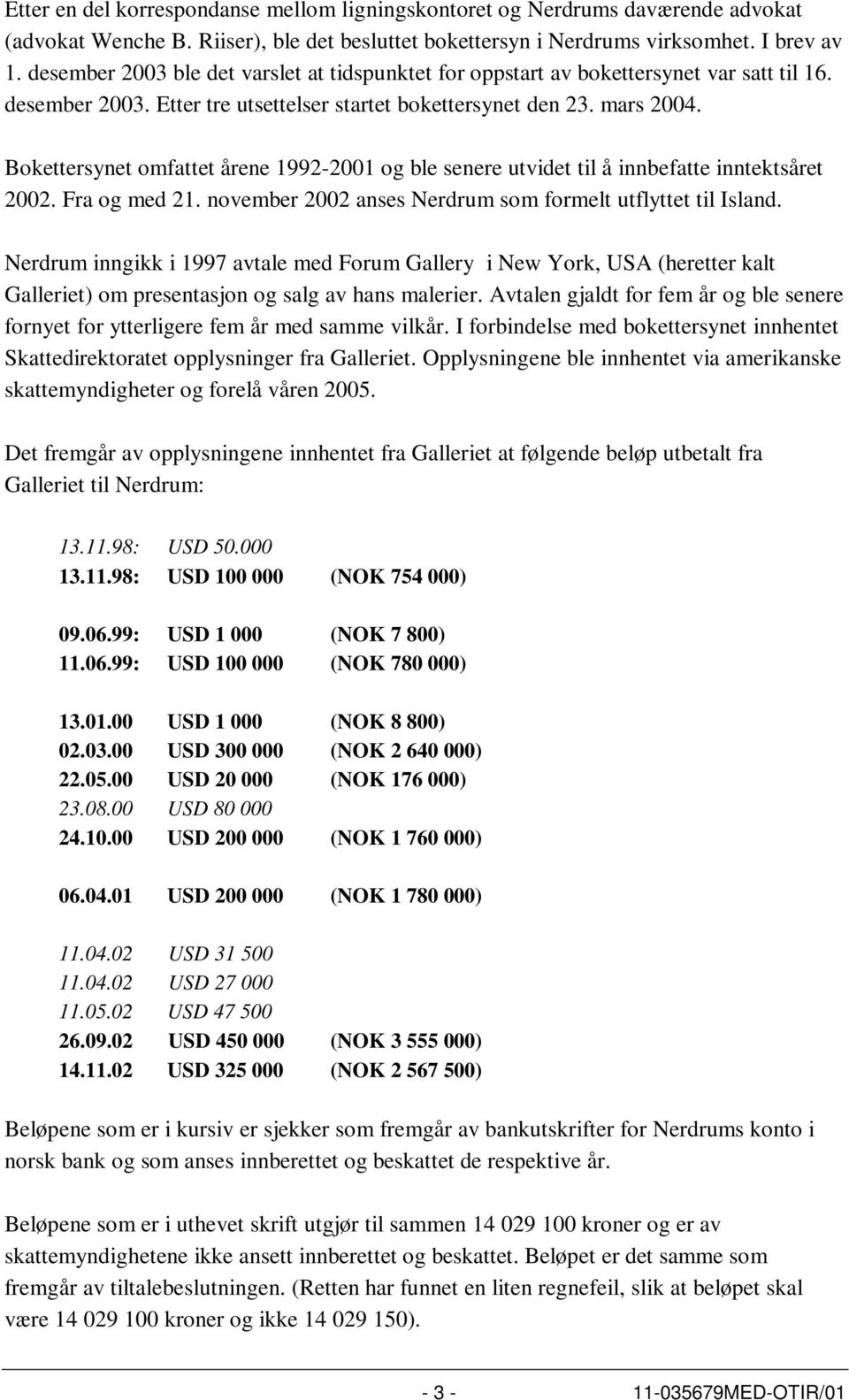 Bokettersynet omfattet årene 1992-2001 og ble senere utvidet til å innbefatte inntektsåret 2002. Fra og med 21. november 2002 anses Nerdrum som formelt utflyttet til Island.