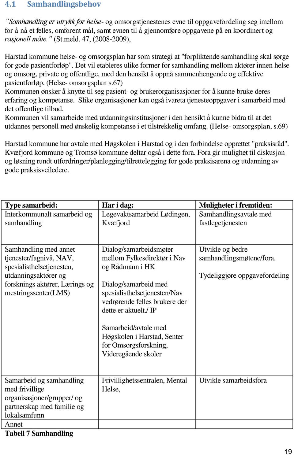 Det vil etableres ulike former for samhandling mellom aktører innen helse og omsorg, private og offentlige, med den hensikt å oppnå sammenhengende og effektive pasientforløp. (Helse- omsorgsplan s.