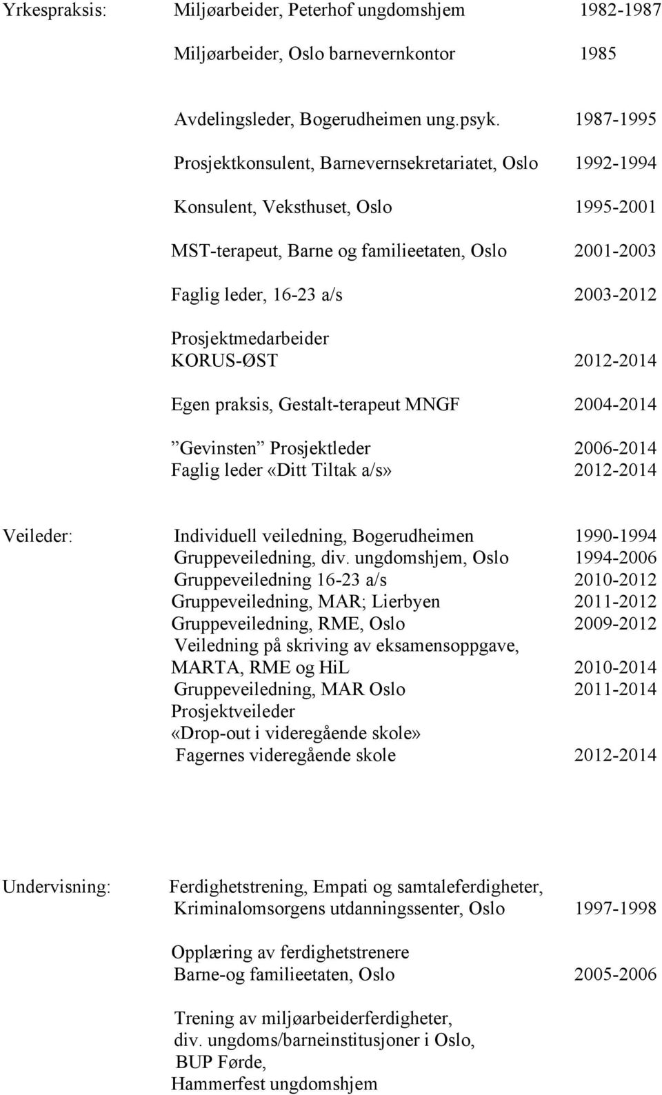 Prosjektmedarbeider KORUS-ØST 2012-2014 Egen praksis, Gestalt-terapeut MNGF 2004-2014 Gevinsten Prosjektleder 2006-2014 Faglig leder «Ditt Tiltak a/s» 2012-2014 Veileder: Individuell veiledning,