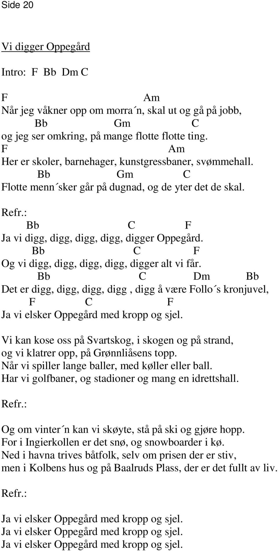 Bb C F Og vi digg, digg, digg, digg, digger alt vi får. Bb C Dm Bb Det er digg, digg, digg, digg, digg å være Follo s kronjuvel, F C F Ja vi elsker Oppegård med kropp og sjel.