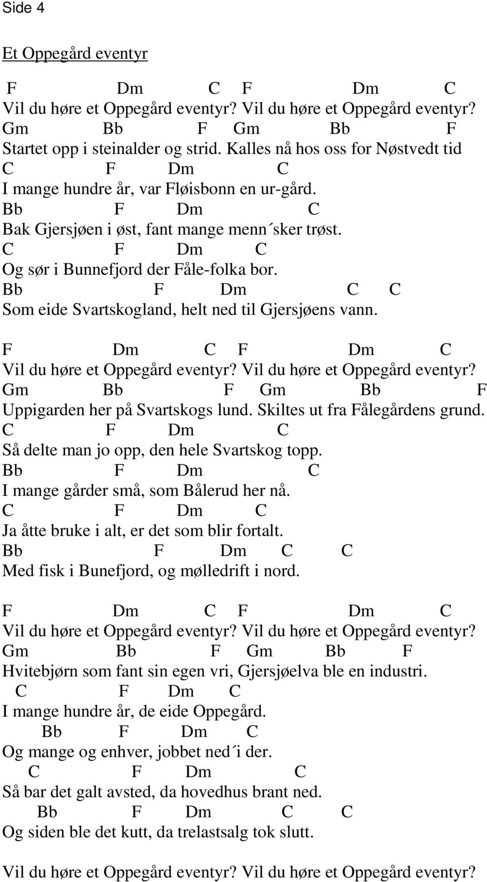 Bb F Dm C C Som eide Svartskogland, helt ned til Gjersjøens vann. F Dm C F Dm C Vil du høre et Oppegård eventyr? Vil du høre et Oppegård eventyr? Gm Bb F Gm Bb F Uppigarden her på Svartskogs lund.