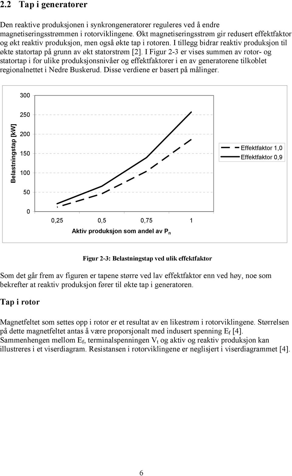 I Figur 2-3 er vises summen av rotor- og statortap i for ulike produksjonsnivåer og effektfaktorer i en av generatorene tilkoblet regionalnettet i Nedre Buskerud. Disse verdiene er basert på målinger.