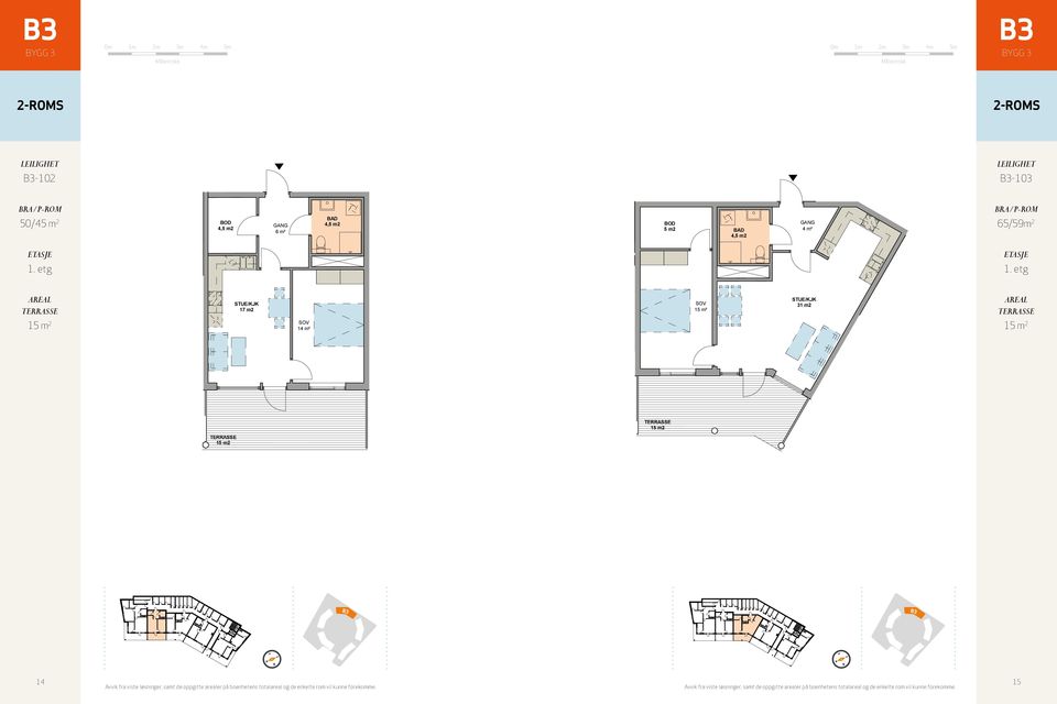 etas 14 15 Avvik fra viste løsninger, samt de oppgitte arealer på boenhetens totalareal og de enkelte rom vil kunne forekomme.