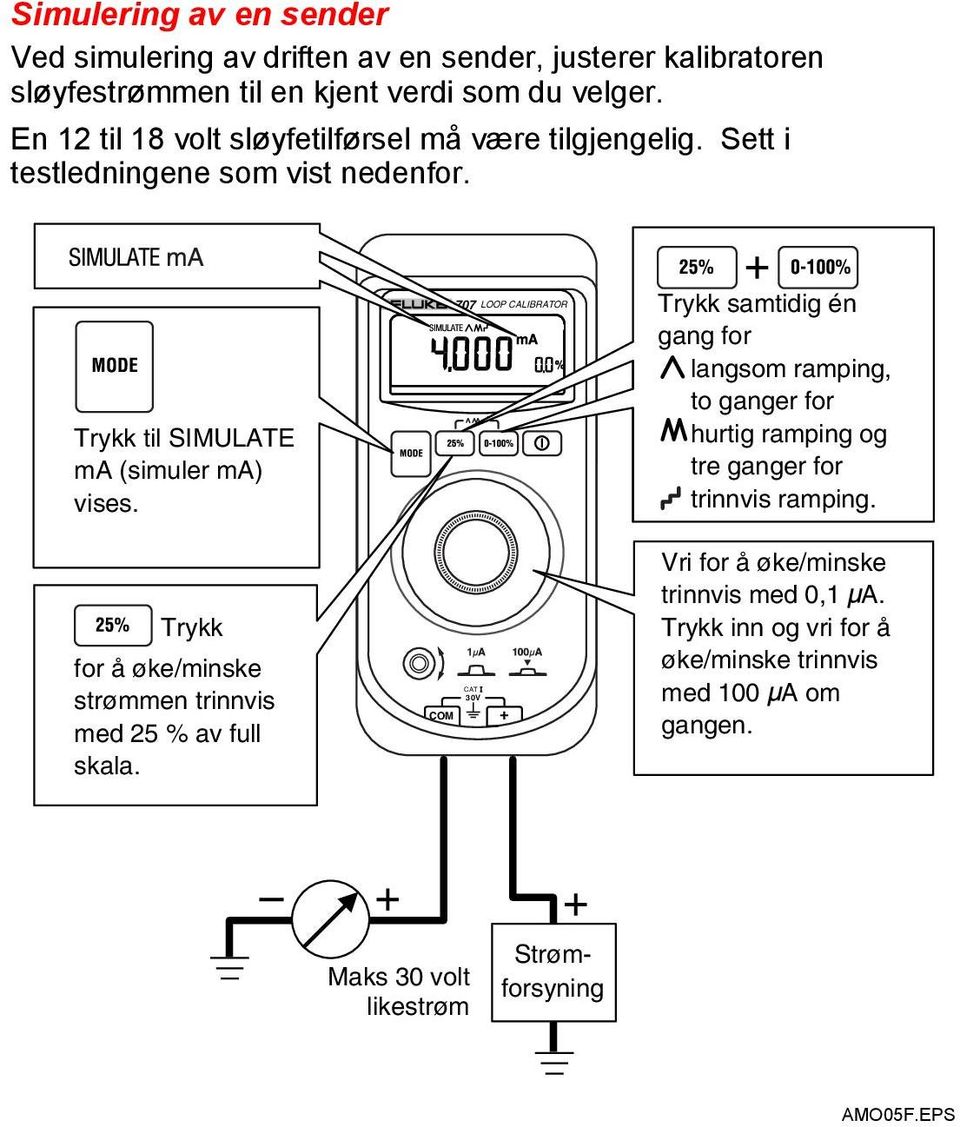 707 LOOP CALIBRATOR Trykk samtidig én gang for langsom ramping, to ganger for hurtig ramping og tre ganger for trinnvis ramping.