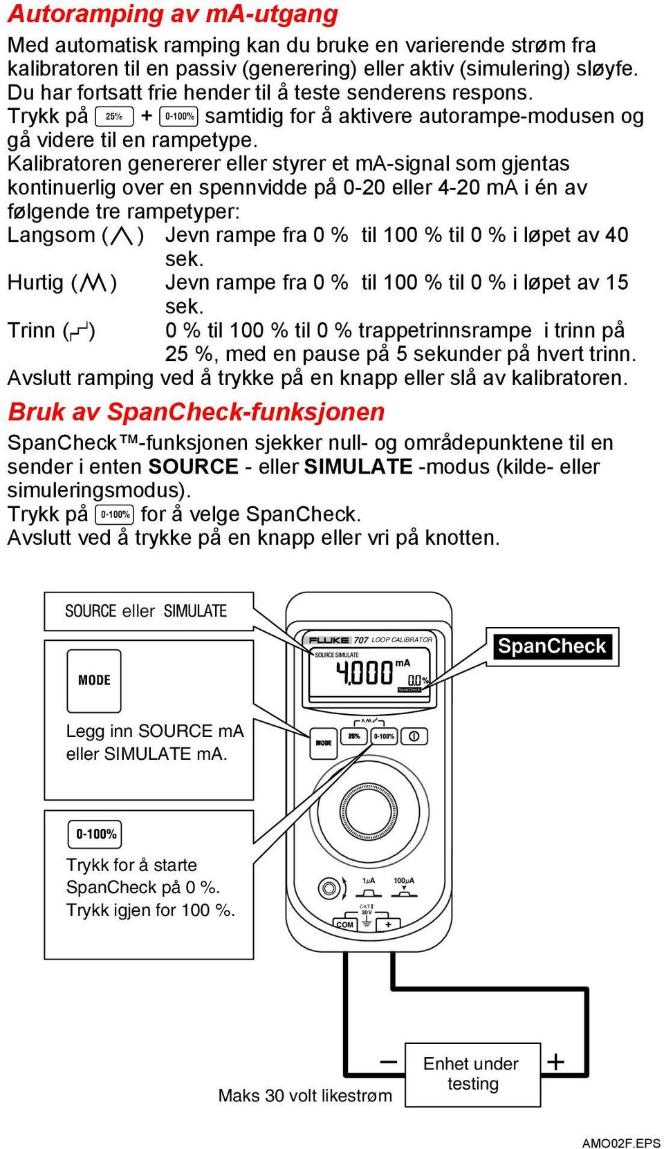 Kalibratoren genererer eller styrer et ma-signal som gjentas kontinuerlig over en spennvidde på 0-20 eller 4-20 ma i én av følgende tre rampetyper: Langsom (e) Jevn rampe fra 0 % til 100 % til 0 % i