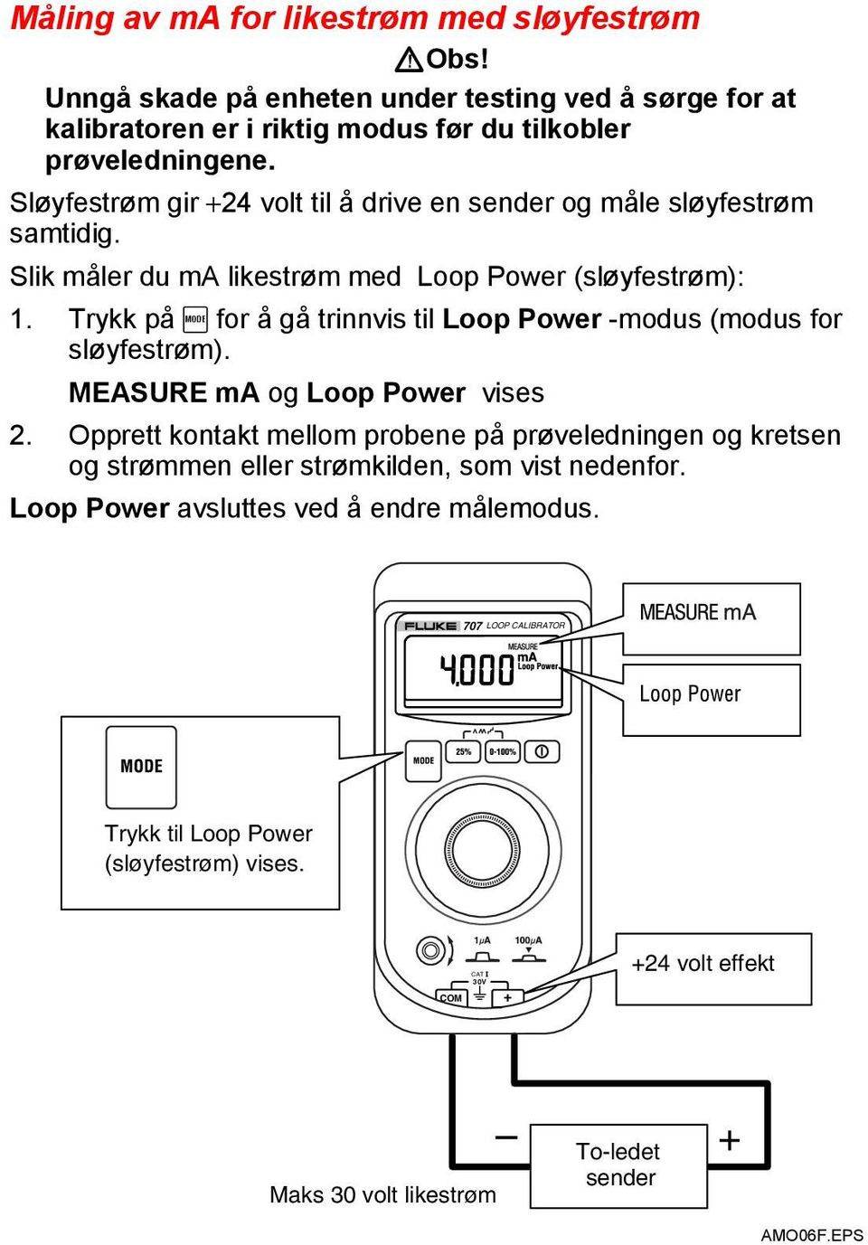 Trykk på A for å gå trinnvis til Loop Power -modus (modus for sløyfestrøm). MEASURE ma og Loop Power vises 2.
