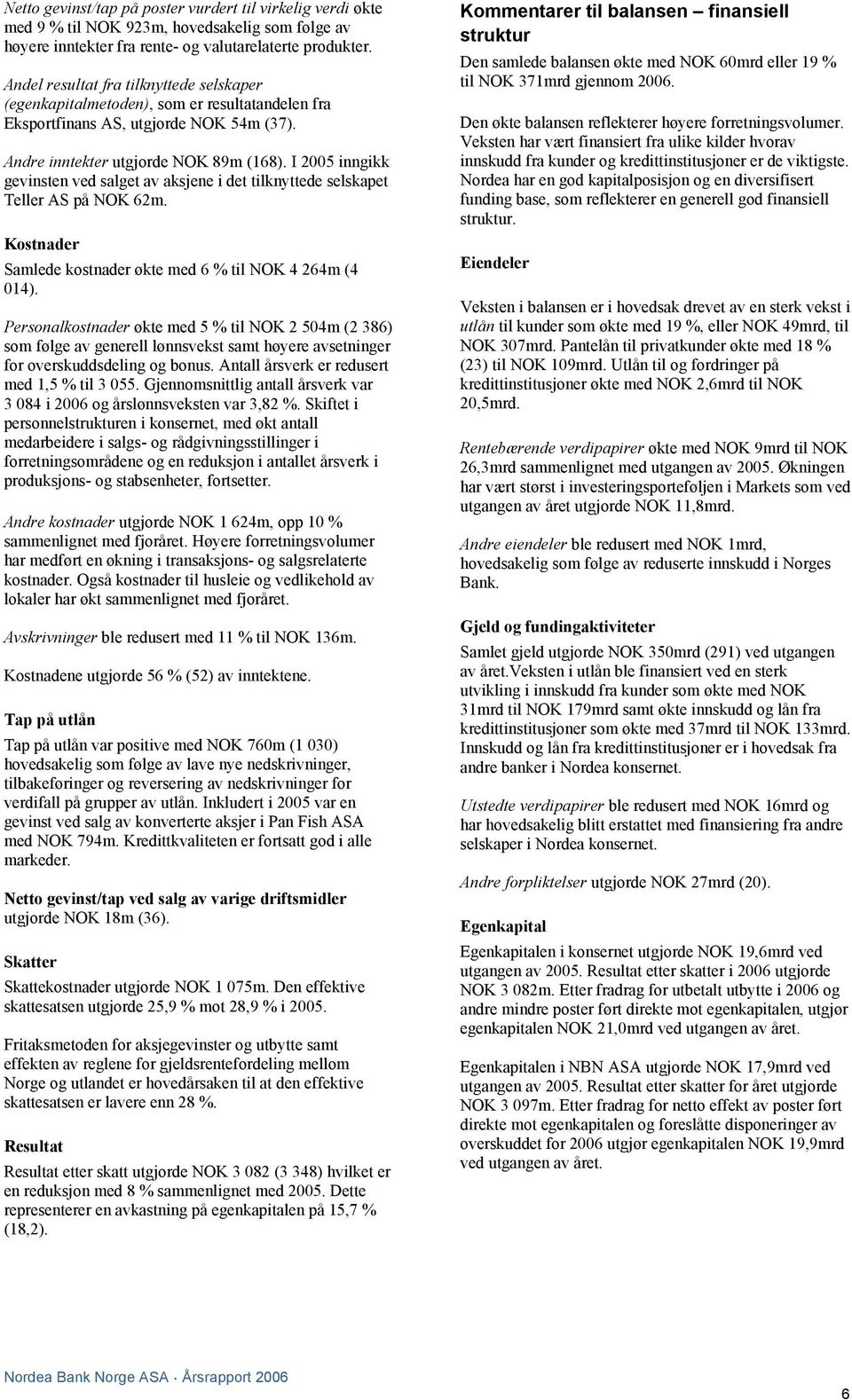 I 2005 inngikk gevinsten ved salget av aksjene i det tilknyttede selskapet Teller AS på NOK 62m. Kostnader Samlede kostnader økte med 6 % til NOK 4 264m (4 014).