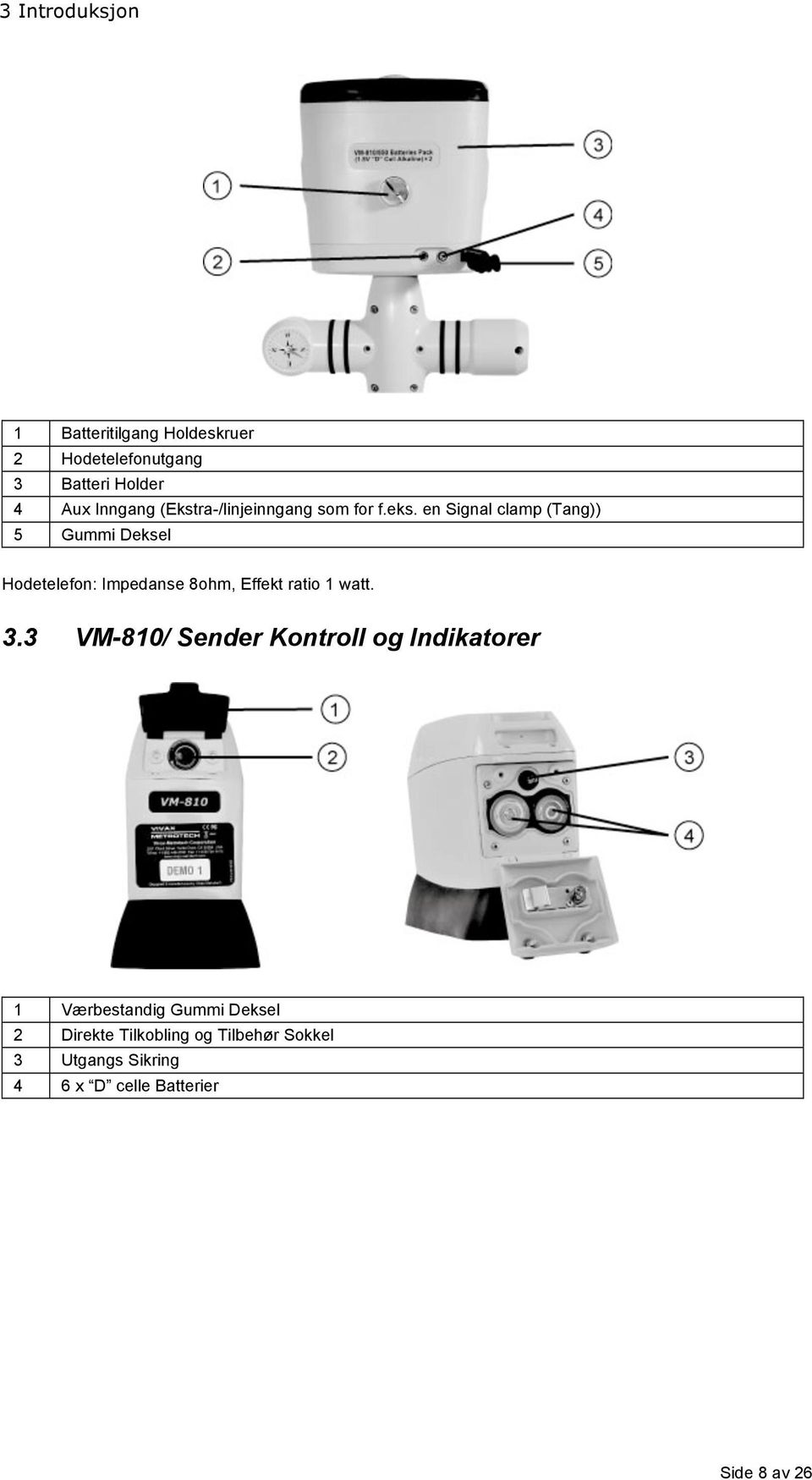 en Signal clamp (Tang)) 5 Gummi Deksel Hodetelefon: Impedanse 8ohm, Effekt ratio 1 watt. 3.