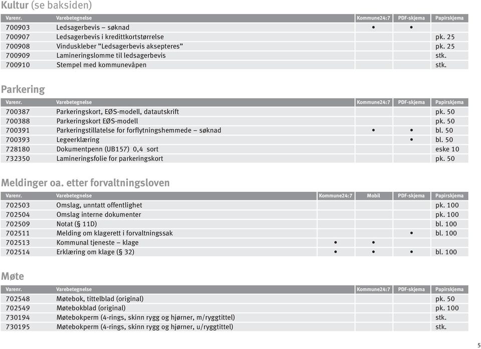 7393 Legeerklæring bl. 7818 Dokumentpenn (UB17),4 sort eske 1 733 Lamineringsfolie for parkeringskort pk. Meldinger oa. etter forvaltningsloven Varenr.