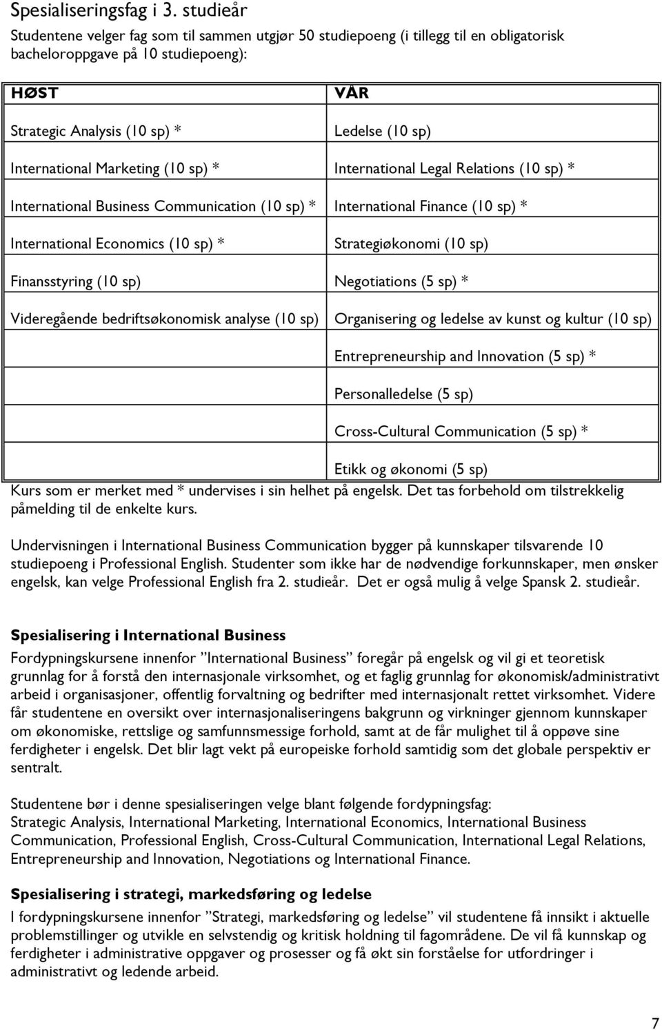 International Marketing (10 sp) * International Legal Relations (10 sp) * International Business Communication (10 sp) * International Finance (10 sp) * International Economics (10 sp) *