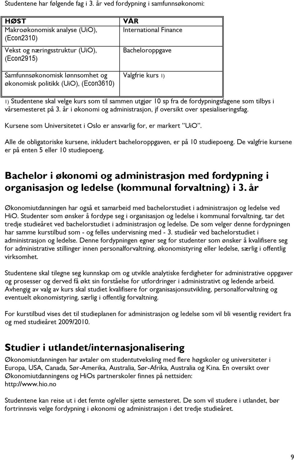 International Finance Bacheloroppgave Valgfrie kurs 1) 1) Studentene skal velge kurs som til sammen utgjør 10 sp fra de fordypningsfagene som tilbys i vårsemesteret på 3.