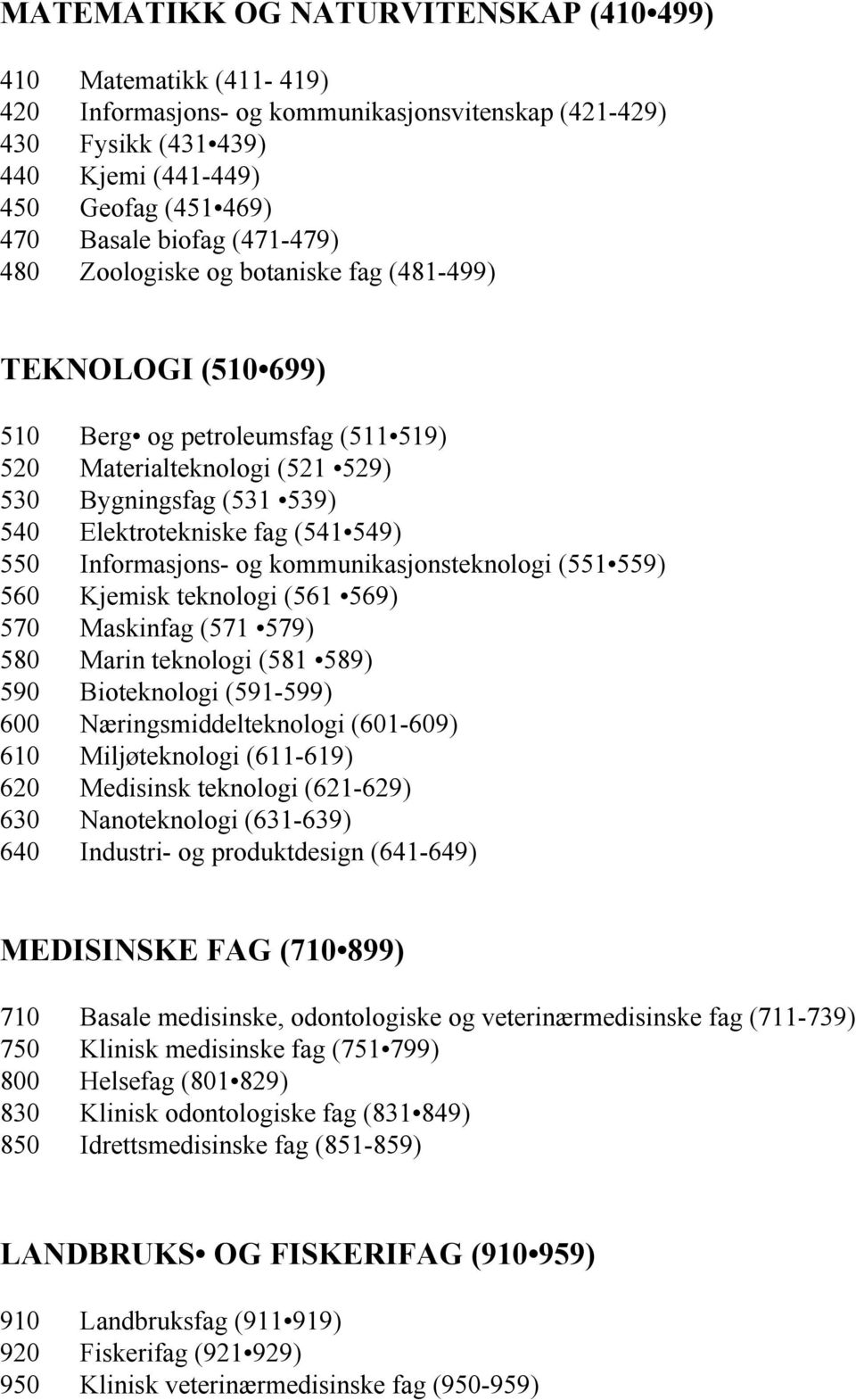 550 Informasjons- og kommunikasjonsteknologi (551 559) 560 Kjemisk teknologi (561 569) 570 Maskinfag (571 579) 580 Marin teknologi (581 589) 590 Bioteknologi (591-599) 600 Næringsmiddelteknologi