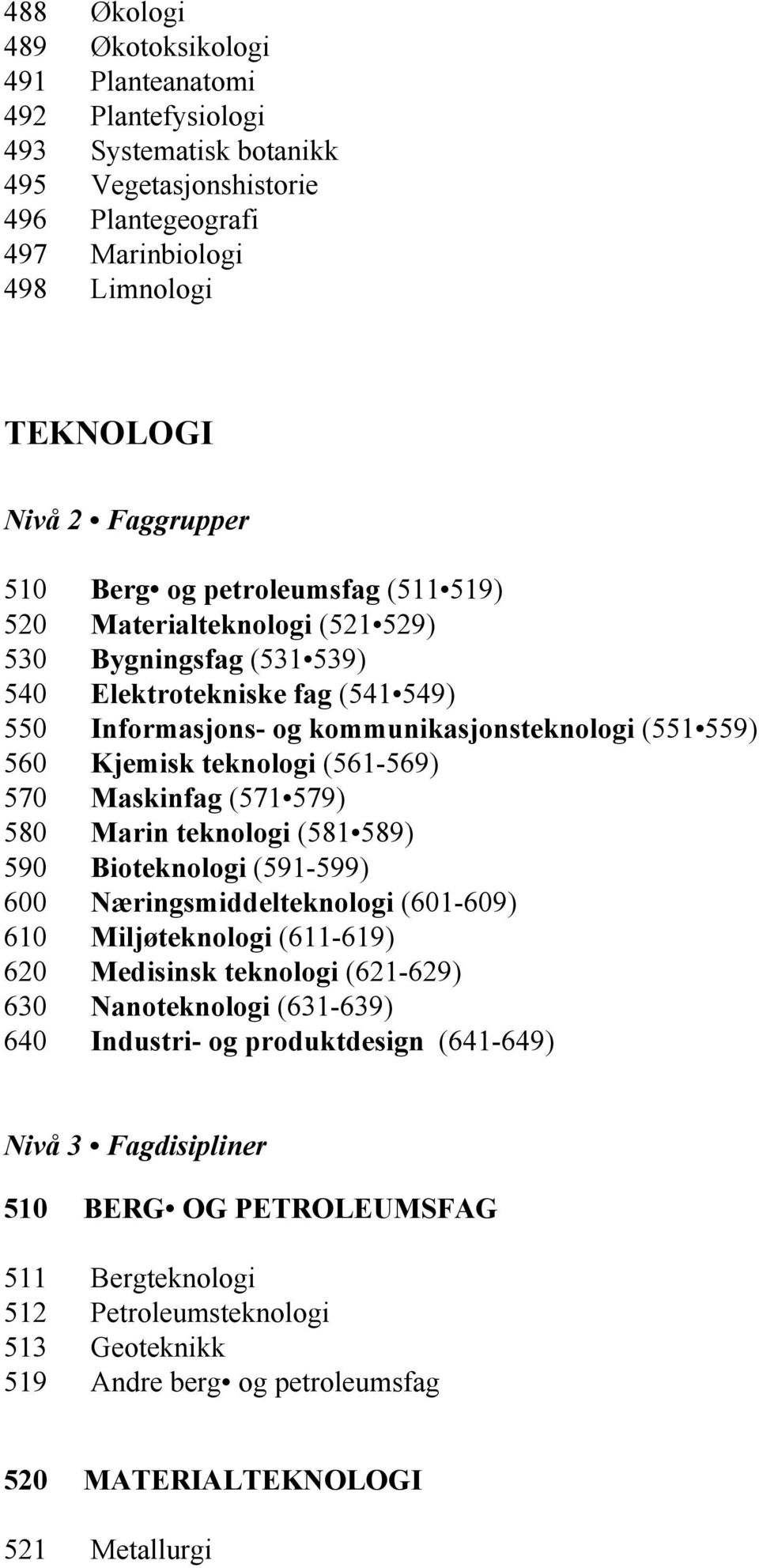 teknologi (561-569) 570 Maskinfag (571 579) 580 Marin teknologi (581 589) 590 Bioteknologi (591-599) 600 Næringsmiddelteknologi (601-609) 610 Miljøteknologi (611-619) 620 Medisinsk teknologi