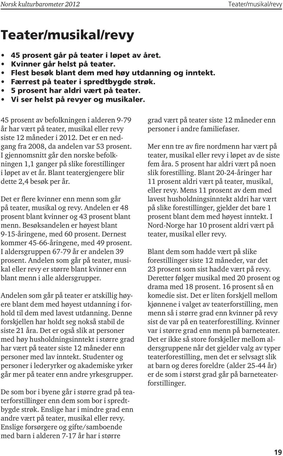 45 prosent av befolkningen i alderen 9-79 år har vært på teater, musikal eller revy siste 12 måneder i 2012. Det er en nedgang fra 2008, da andelen var 53 prosent.