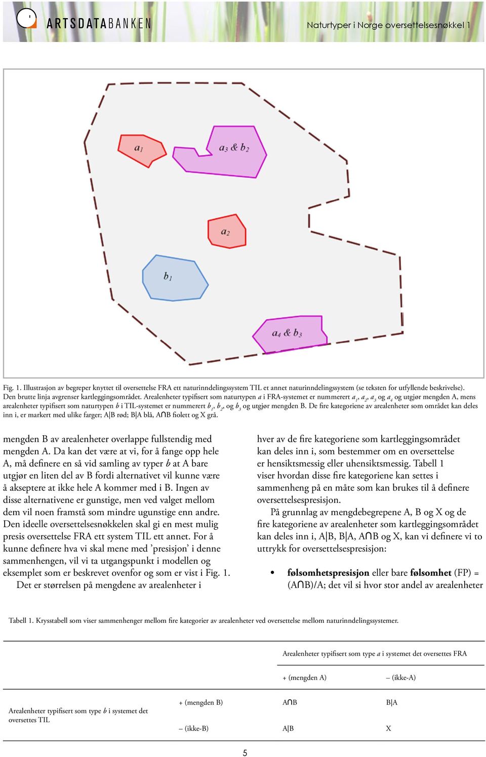 Arealenheter typifisert som naturtypen a i FRA-systemet er nummerert a 1, a 2, a 3 og a 4 og utgjør mengden A, mens arealenheter typifisert som naturtypen b i TIL-systemet er nummerert b 1, b 2, og b