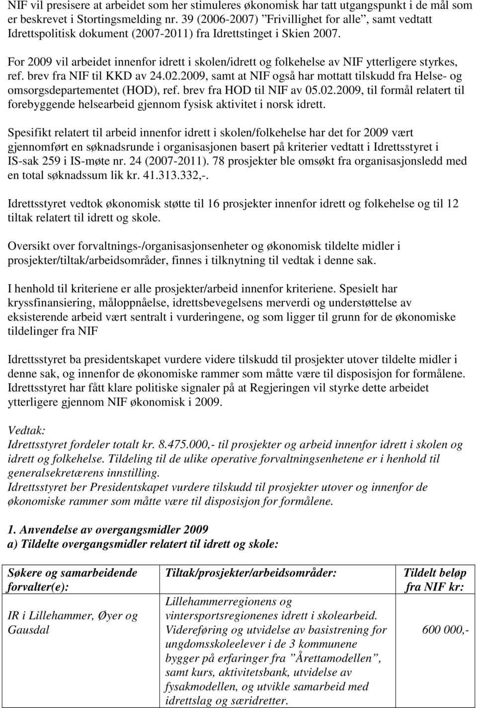 For 2009 vil arbeidet innenfor idrett i skolen/idrett og folkehelse av NIF ytterligere styrkes, ref. brev fra NIF til KKD av 24.02.