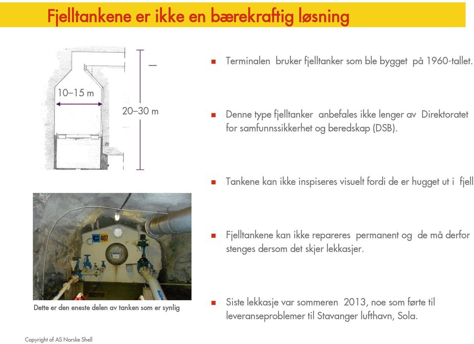 Tankene kan ikke inspiseres visuelt fordi de er hugget ut i fjell Fjelltankene kan ikke repareres permanent og de må derfor stenges dersom