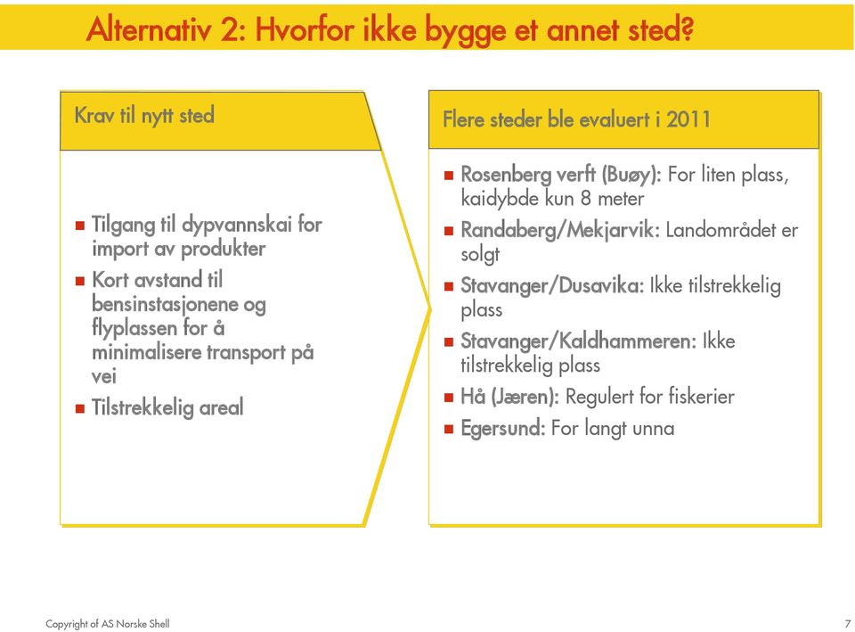 transport på vei Tilstrekkelig areal Flere steder ble evaluert i 2011 Rosenberg verft (Buøy): For liten plass, kaidybde kun 8 meter