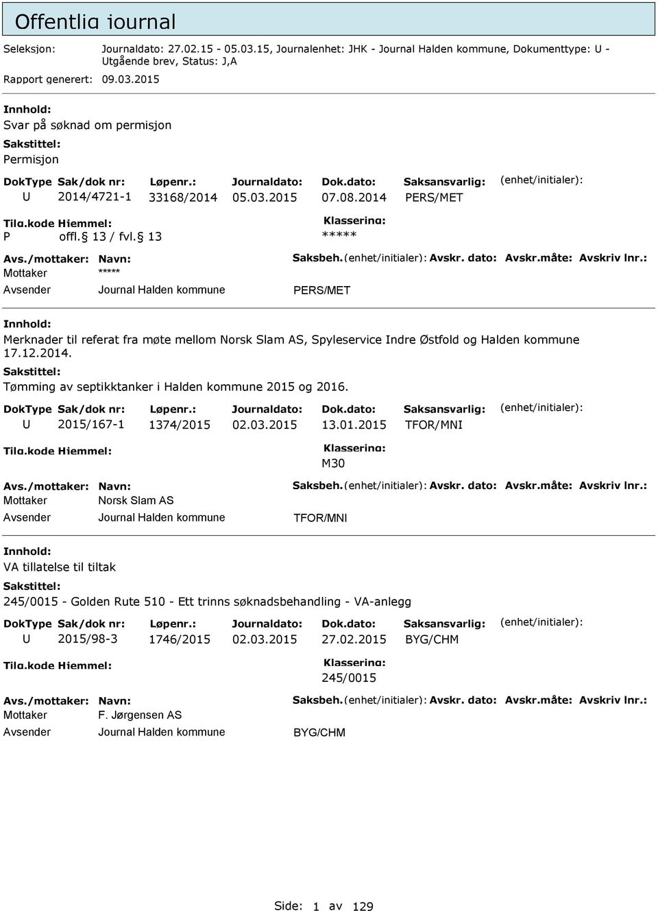 2015/167-1 1374/2015 13.01.2015 TFOR/MNI M30 vs./mottaker: Navn: Saksbeh. vskr. dato: vskr.måte: vskriv lnr.