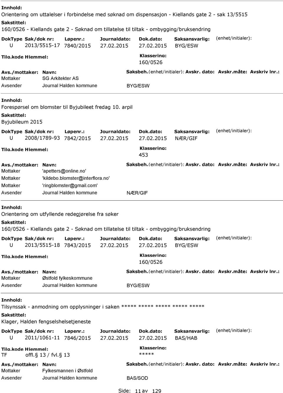 arpil Byjubileum 2015 2008/1789-93 7842/2015 NÆR/GIF 453 vs./mottaker: Navn: Saksbeh. vskr. dato: vskr.måte: vskriv lnr.: Mottaker 'apetters@online.no' Mottaker Mottaker 'kildebo.blomster@interflora.