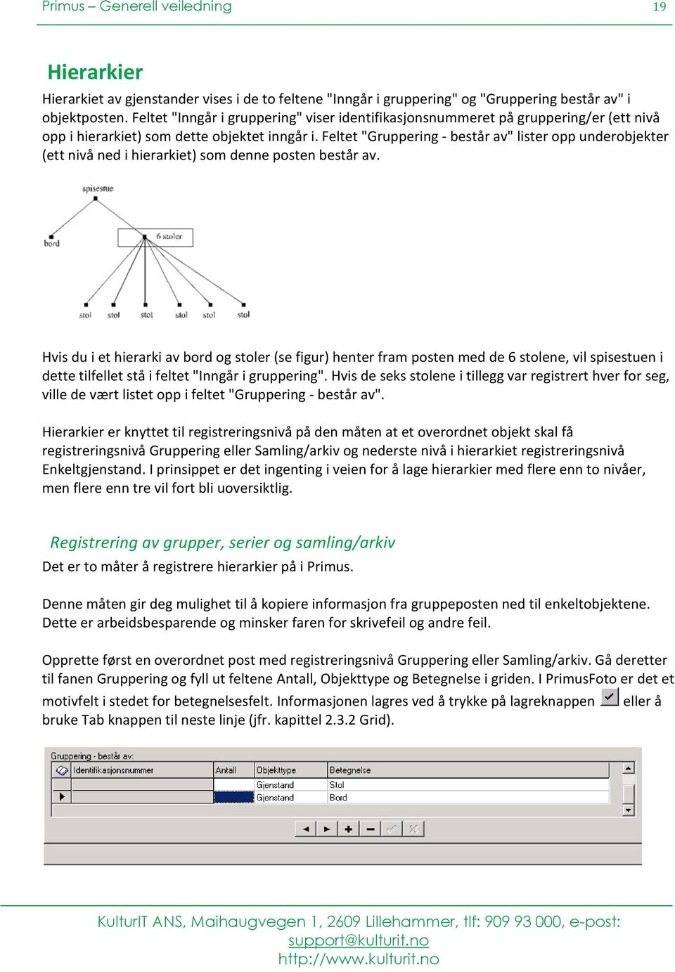 Feltet "Gruppering - består av" lister opp underobjekter (ett nivå ned i hierarkiet) som denne posten består av.