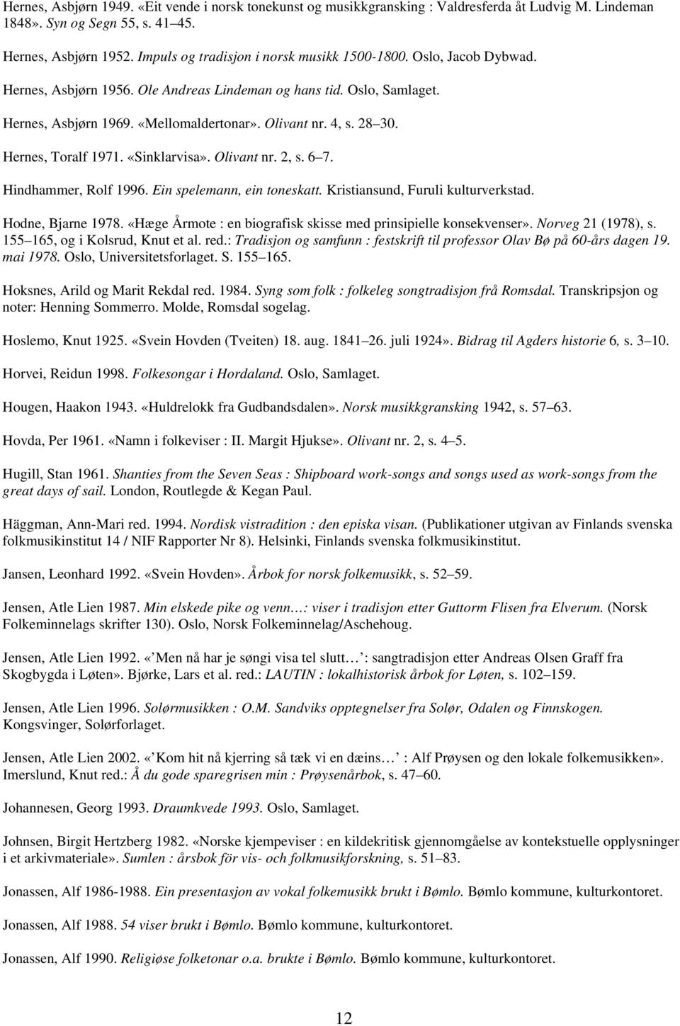 28 30. Hernes, Toralf 1971. «Sinklarvisa». Olivant nr. 2, s. 6 7. Hindhammer, Rolf 1996. Ein spelemann, ein toneskatt. Kristiansund, Furuli kulturverkstad. Hodne, Bjarne 1978.