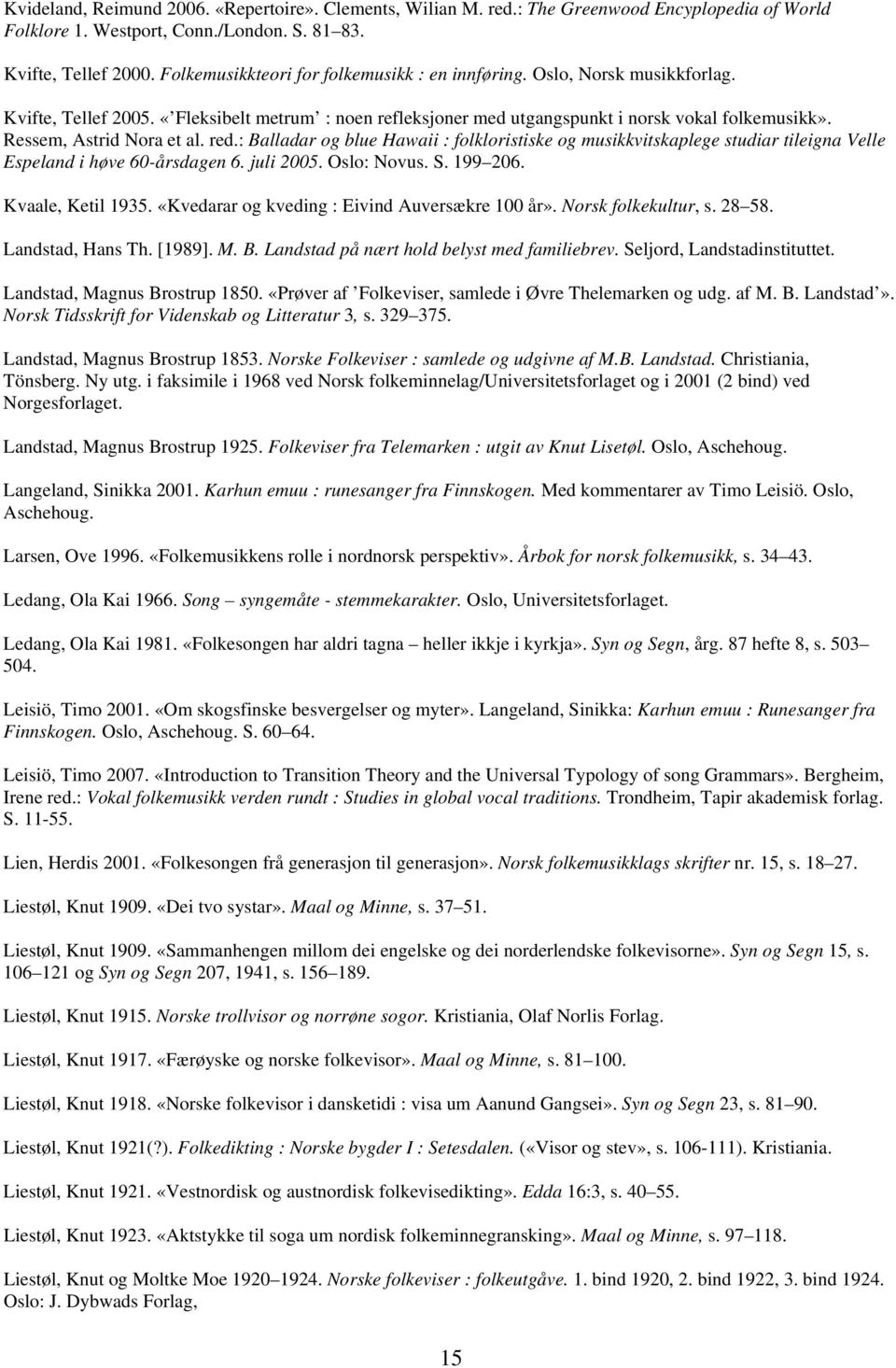 Ressem, Astrid Nora et al. red.: Balladar og blue Hawaii : folkloristiske og musikkvitskaplege studiar tileigna Velle Espeland i høve 60-årsdagen 6. juli 2005. Oslo: Novus. S. 199 206.