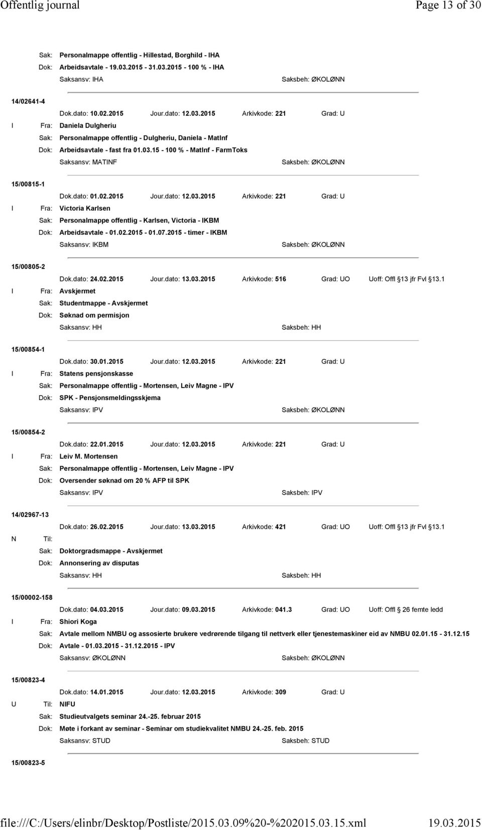 2015 Arkivkode: 221 Grad: U I Fra: Daniela Dulgheriu Personalmappe offentlig - Dulgheriu, Daniela - MatInf Arbeidsavtale - fast fra 01.03.15-100 % - MatInf - FarmToks Saksansv: MATINF 15/00815-1 Dok.