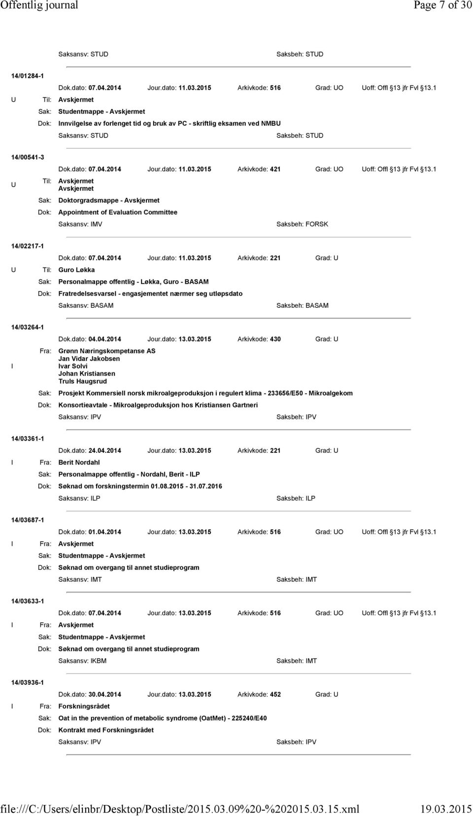 2015 Arkivkode: 421 Grad: UO Uoff: Offl 13 jfr Fvl 13.1 Doktorgradsmappe - Appointment of Evaluation Committee Saksbeh: FORSK 14/02217-1 Dok.dato: 07.04.2014 Jour.dato: 11.03.