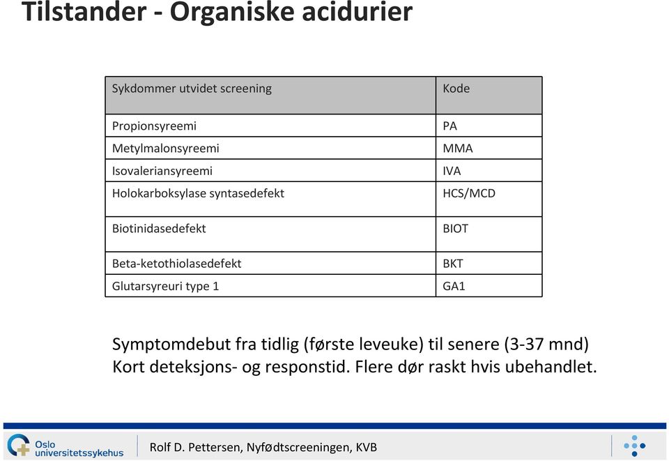 Beta-ketothiolasedefekt Glutarsyreuri type 1 Kode PA MMA IVA HCS/MCD BIOT BKT GA1