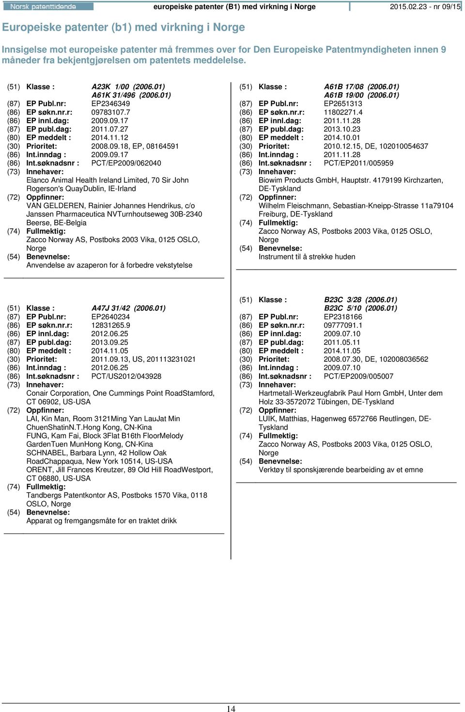 01) A61K 31/496 (2006.01) (87) EP Publ.nr: EP2346349 (86) EP søkn.nr.r: 09783107.7 (86) EP innl.dag: 2009.09.17 (87) EP publ.dag: 2011.07.27 (80) EP meddelt : 2014.11.12 (30) Prioritet: 2008.09.18, EP, 08164591 (86) Int.