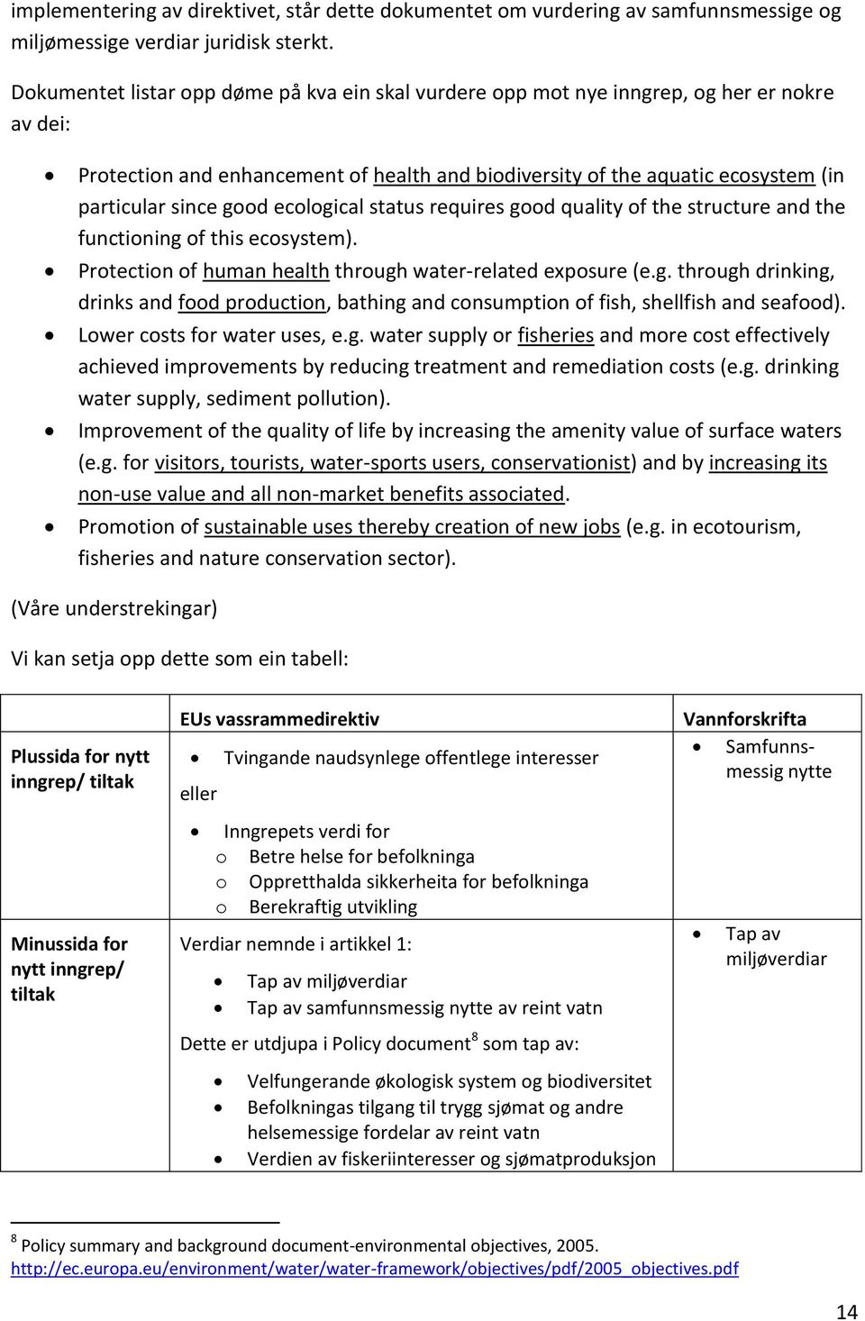 good ecological status requires good quality of the structure and the functioning of this ecosystem). Protection of human health through water-related exposure (e.g. through drinking, drinks and food production, bathing and consumption of fish, shellfish and seafood).