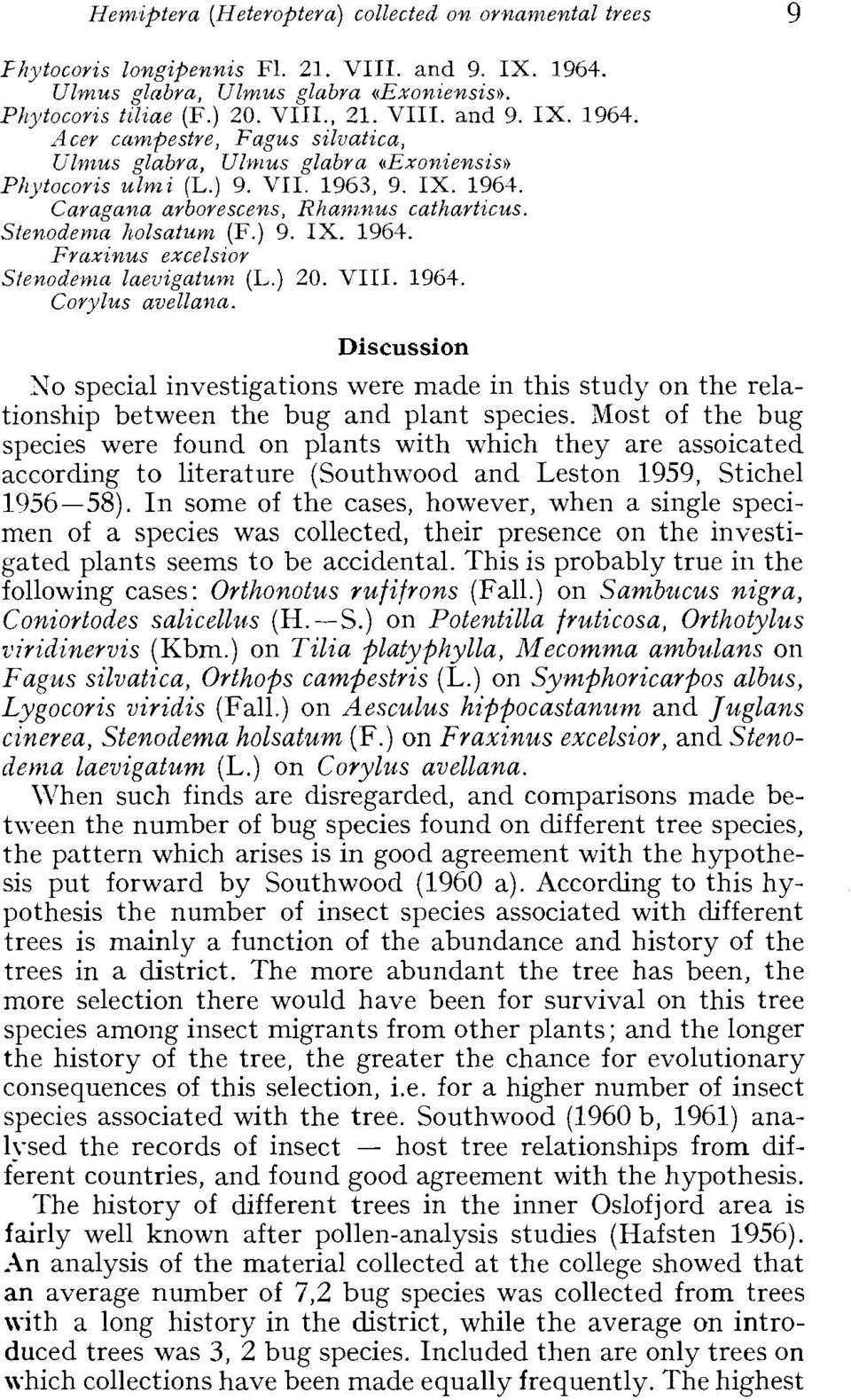 Acer campestre, Fagus szluatzca, Ulnzus glabra, Ulhr~us glabra ((Exoniens~s)) Pilytocorzs ulmz (L.) 9. VII 1963, 9. IX. 1964. Caragana arborescens, Rhawrzus cathartzcus. Stenodetnn Jzolsatum (F.) 9. IX. 1964. Fraxznus excelszor Sfenodehr~n laeuzgatuwz (I, ) 20.