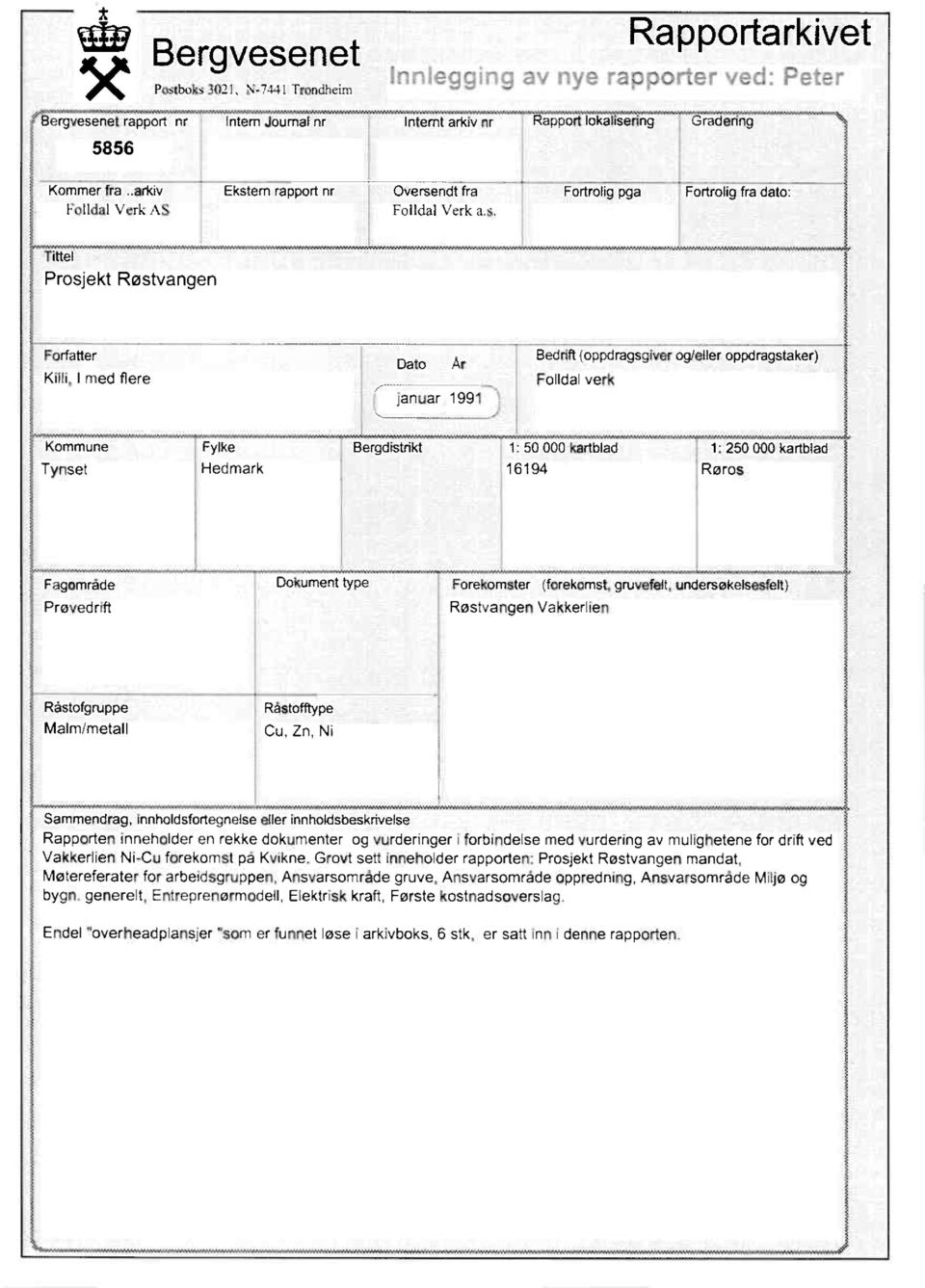 em rapport nr Foltdal Verk AS Overse