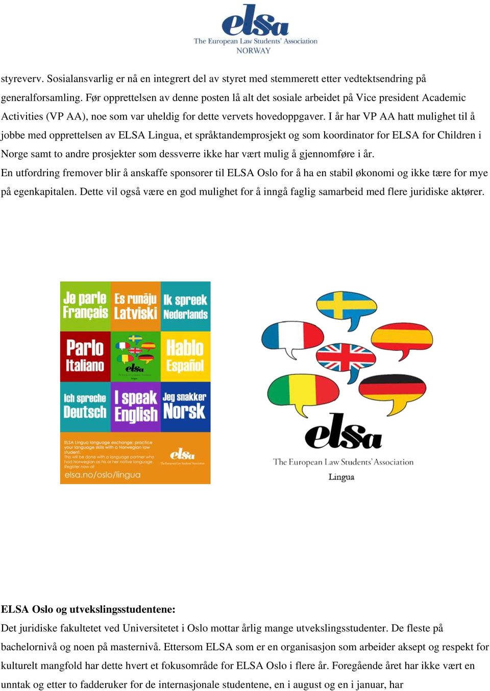 I år har VP AA hatt mulighet til å jobbe med opprettelsen av ELSA Lingua, et språktandemprosjekt og som koordinator for ELSA for Children i Norge samt to andre prosjekter som dessverre ikke har vært