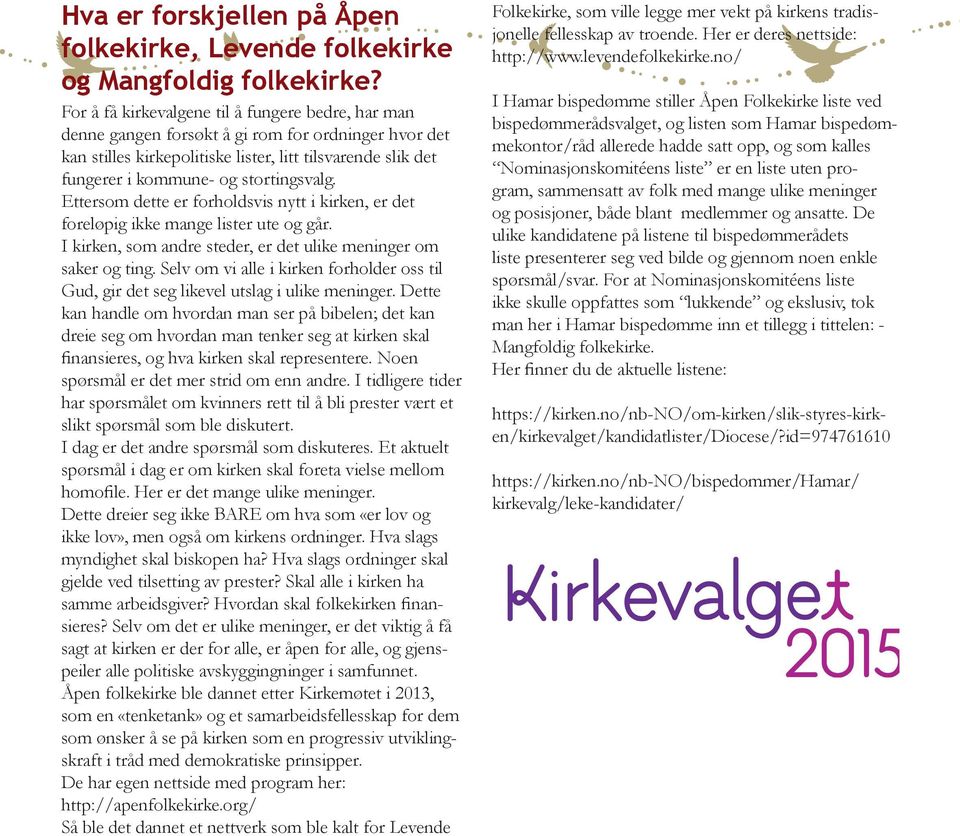 stortingsvalg. Ettersom dette er forholdsvis nytt i kirken, er det foreløpig ikke mange lister ute og går. I kirken, som andre steder, er det ulike meninger om saker og ting.