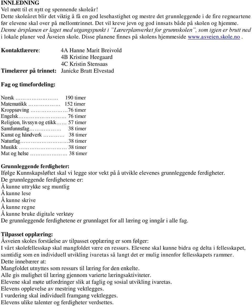 Det vil kreve jevn og god innsats både på skolen og hjemme. Denne årsplanen er laget med utgangspunkt i Lærerplanverket for grunnskolen, som igjen er brutt ned i lokale planer ved Åsveien skole.