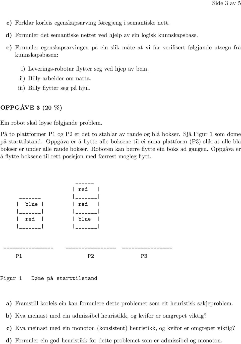 iii) Billy flytter seg på hjul. OPPGÅVE 3 (20 %) Ein robot skal løyse følgjande problem. På to plattformer P1 og P2 er det to stablar av raude og blå bokser. Sjå Figur 1 som døme på starttilstand.