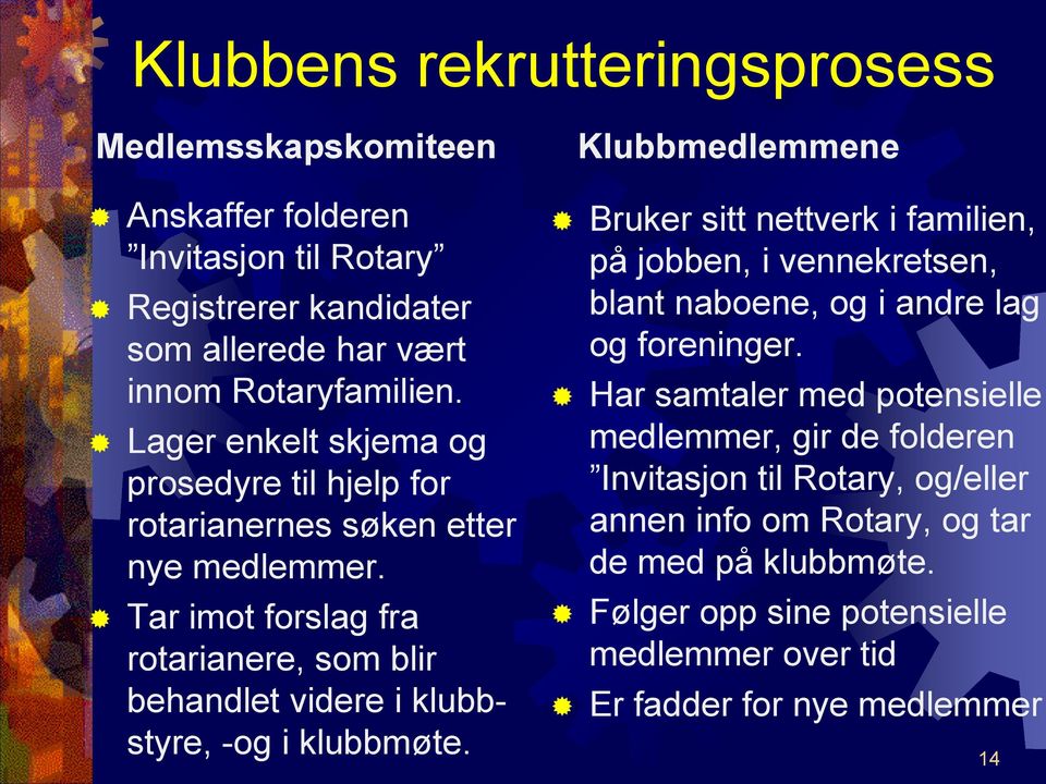 Tar imot forslag fra rotarianere, som blir behandlet videre i klubbstyre, -og i klubbmøte.