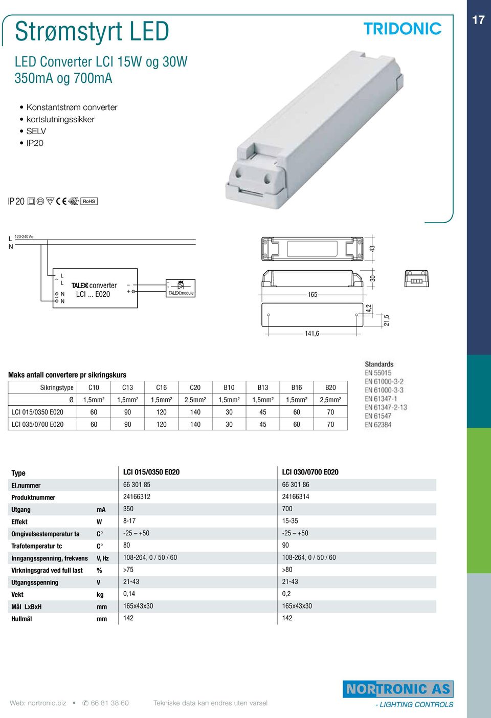 nummer 66 301 85 66 301 86 Produktnummer 24166312 24166314 Utgang ma 350 700 Effekt W 8-17 15-35 Omgivelsestemperatur ta C -25 +50-25 +50 Trafotemperatur tc C 80 90