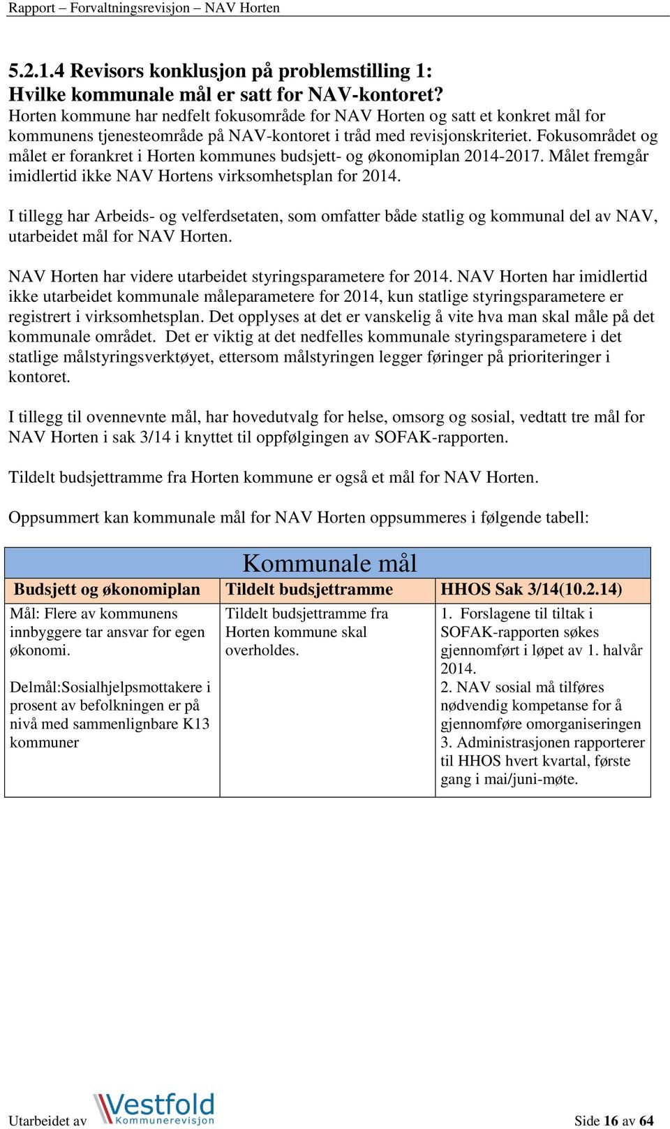 Fokusområdet og målet er forankret i Horten kommunes budsjett- og økonomiplan 2014-2017. Målet fremgår imidlertid ikke NAV Hortens virksomhetsplan for 2014.