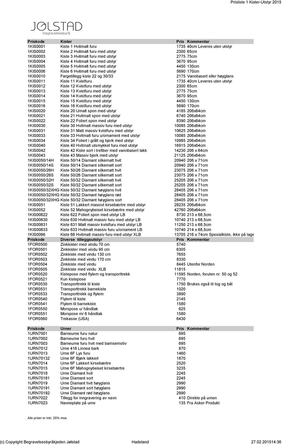 1KIS0010 Fargetillegg kiste 22 og 30/33 2175 Vannbasert eller høyglans 1KIS0011 Kiste 11 Kvistfuru 1735 40cm Leveres uten utstyr 1KIS0012 Kiste 12 Kvistfuru med utstyr 2300 65cm 1KIS0013 Kiste 13